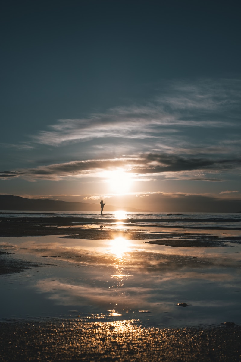 silhouette of person standing on beach during sunset